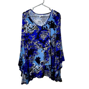 Est 1946 Blouse 18/20W Floral Bell Sleeve Blue Stretch Comfort Thin Knit Casual